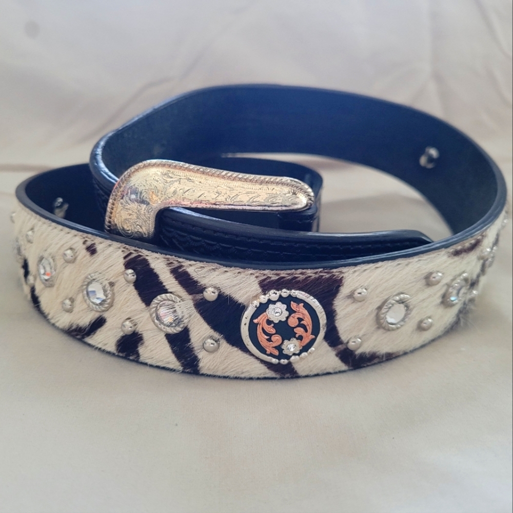 Womens 30" 3D Belt Co. Black calf skin belt w/ rose gold,silver& crystal accents